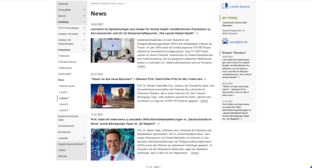 Screenshot: Listenansicht und die Newsbox in der rechten Spalte